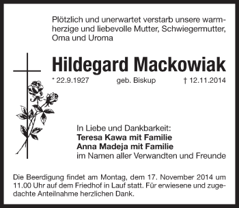 Traueranzeige von Hildegard Mackowiak von Pegnitz-Zeitung